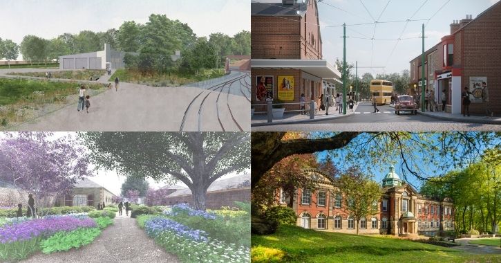 photo collage of New Hall at Locomotion, 1950s Town at Beamish Museum, The Rising Development at Raby Castle and Redhills, Durham City